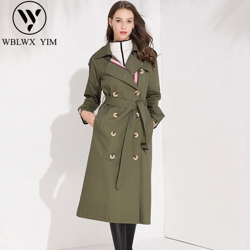 

High quality Trench coat women 2019 Fashion Striped Classic Double Breasted Belt Long Coat Lady Waterproof Business Outerwear