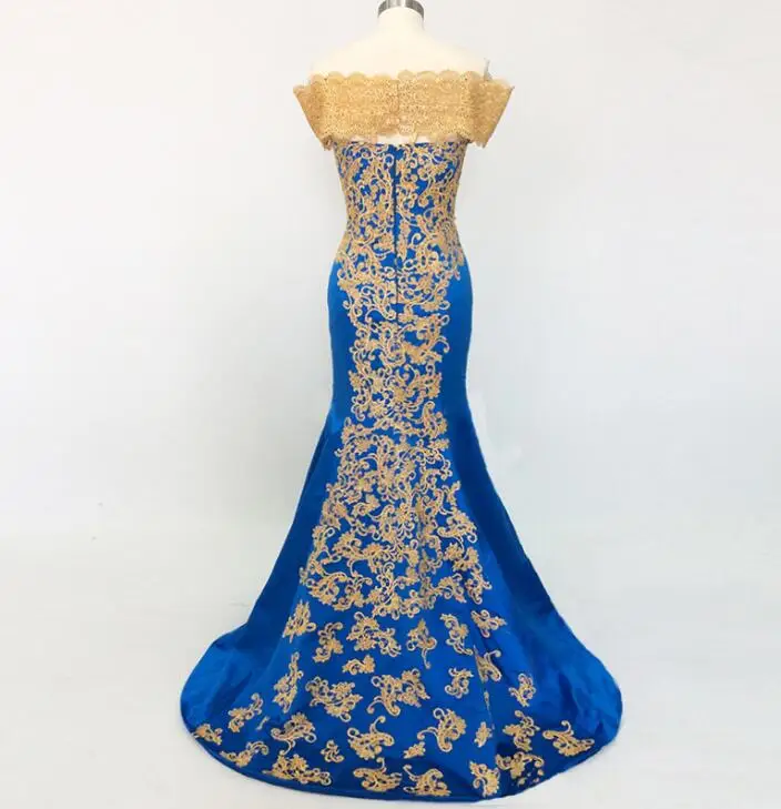 Elegant Evening Dresses Long 2019 Mermaid Off Shoulder Gold Embroidery Floor Length African Women Blue Formal Prom Evening Gown Elegant Evening Dresses Long 2019 Mermaid Off Shoulder Gold Embroidery Floor Length African Women Blue Formal Prom Evening Gown