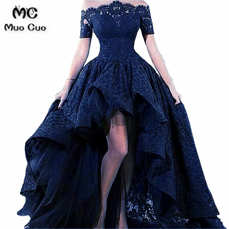 High Low Gown 2018 Off Shoulder Evening Dresses Long with Lace Short Sleeve Formal Evening Party Dress for Women