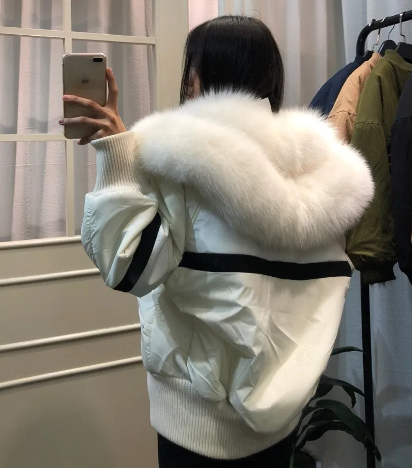 Bomber Jacket Women 2018 Large Natural Fox Fur Collar Short Parka Coat Female Pink Thick Warm Real Fur Winter Coats Women Bomber Jacket Women 2018 Large Natural Fox Fur Collar Short Parka Coat Female Pink Thick Warm Real Fur Winter Coats Women