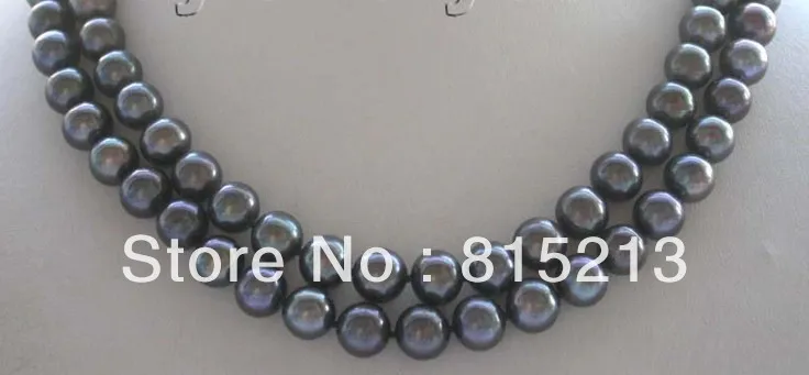 

N17910 18" Double Genuine Natural 10mm Round Black Pearl Necklace % Discount AAA
