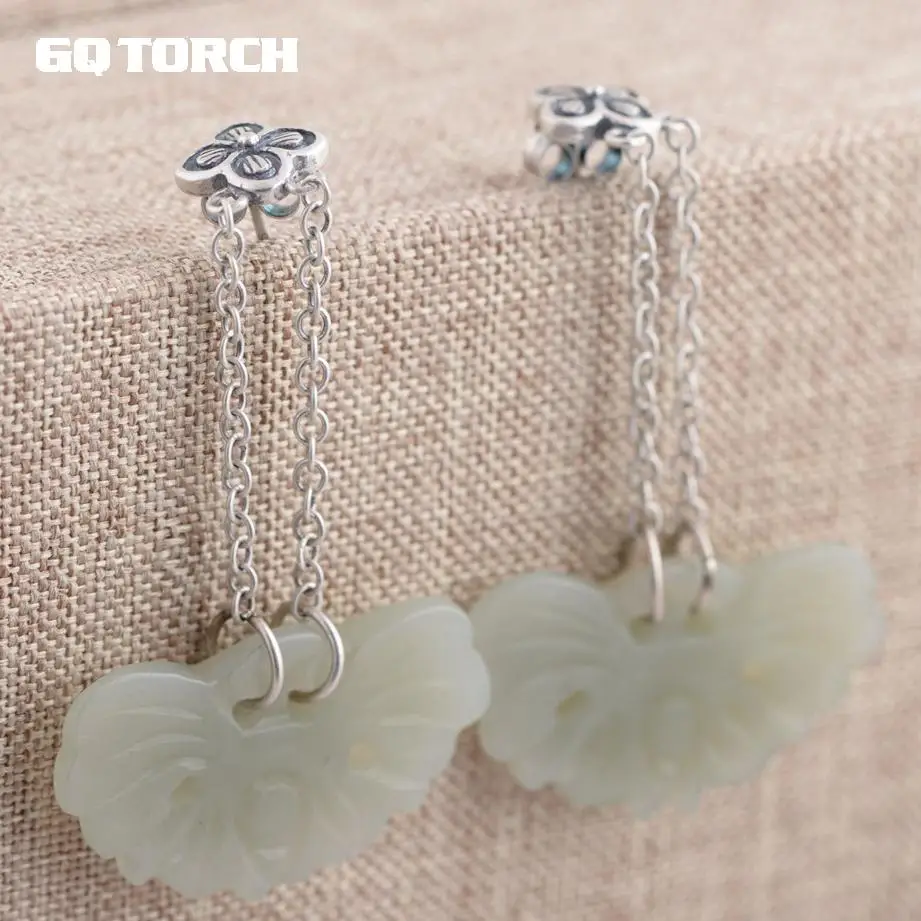 

GQTORCH 925 Sterling Silver Jewelry Vintage Thai Silver Flowers Drop Earring Long With Natural Jade Charms Exquisite Carved