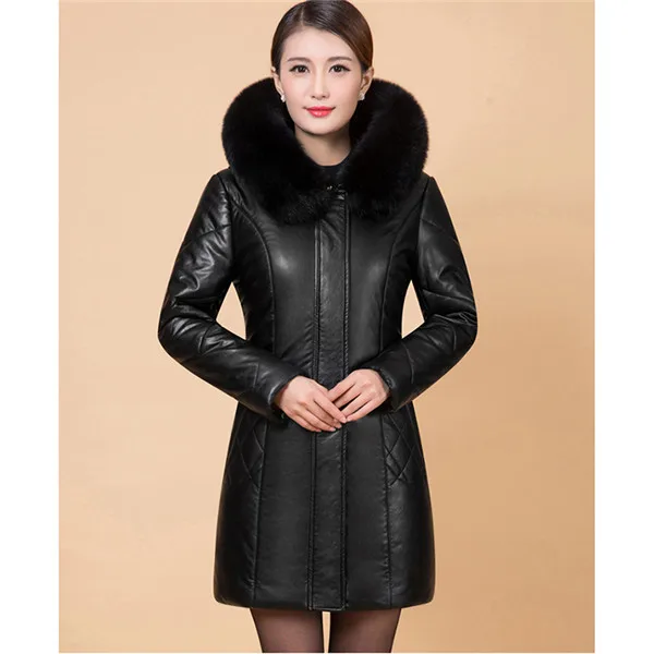 Большие размеры 5XL 6XL, женская кожаная куртка, пальто с воротником из искусственного меха, новая женская зимняя парка среднего возраста, теплая кожаная одежда, женские пальто - Цвет: black