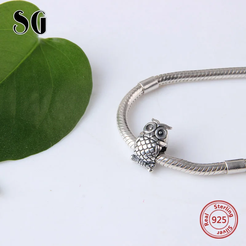 Hot sale Fit Authentic sterling Silver 925 Bracelet Original European beads Bracelet Antique Owl animal charms diy Jewelry Gift