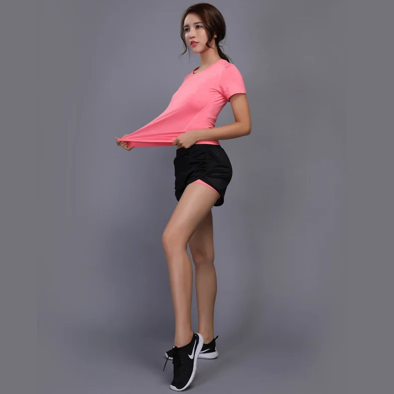 Женский комплект для йоги, гимнастический комплект, женская спортивная одежда, быстросохнущая одежда для фитнеса, для женщин, рубашка+ шорты для бега, для тренировок, спортивный костюм размера плюс - Цвет: pink set 2