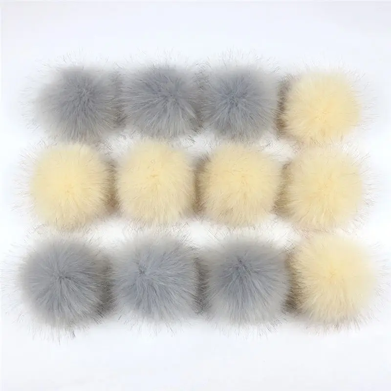 

12 PCs Mixed Pom Pom Balls Imitation Fox Fur Gray Khaki Single/Double Color Round With Ring 8cm Dia. Hat Bag Clothes Decorations