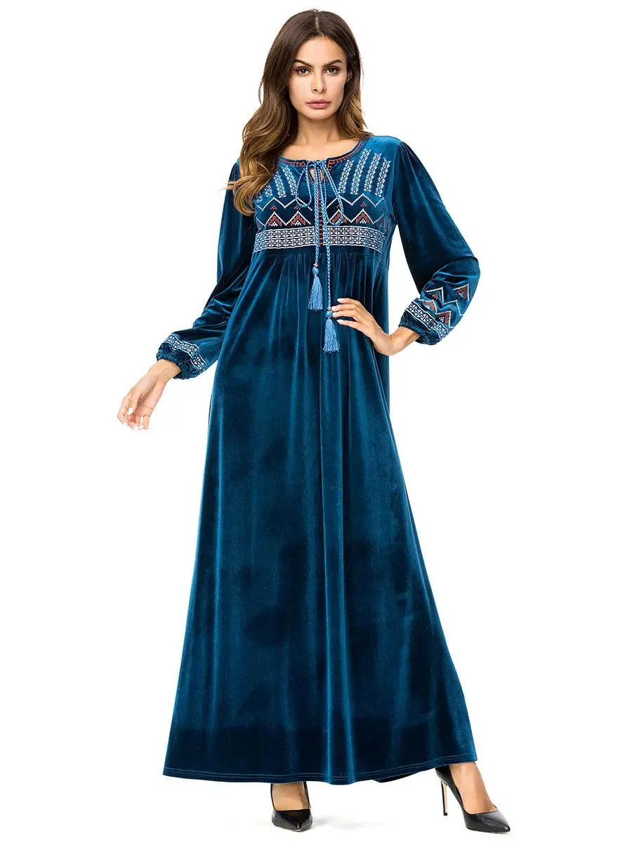 Макси-платье, бархатное платье-кафтан с круглым вырезом, мусульманская одежда, 3 цвета, дубай, абая, джилбаб, стиль Dubia, ближний восток, для женщин, леди, дубай, абая