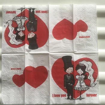 

21cm tissue napkins paper decoupage print red heart bride groom love for ever handkerchief wedding serviette party towel 6 packs