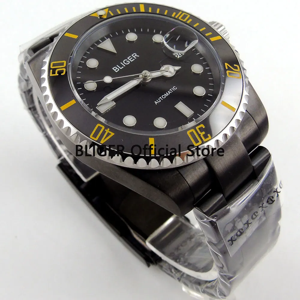 

BLIGER 40mm Sapphire Crystal Black Dial Ceramic Bezel Luminous Date Display PVD Coated Case Automatic Movement Men's Watch B2