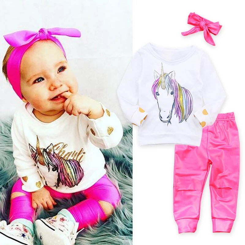 

Rorychen 2017 Baby Girls Clothing Newborn Unicorn Baby Girls T-shirt+Broken Hole Pants+Headbands 3Pcs Outfits Set Clothes DS15