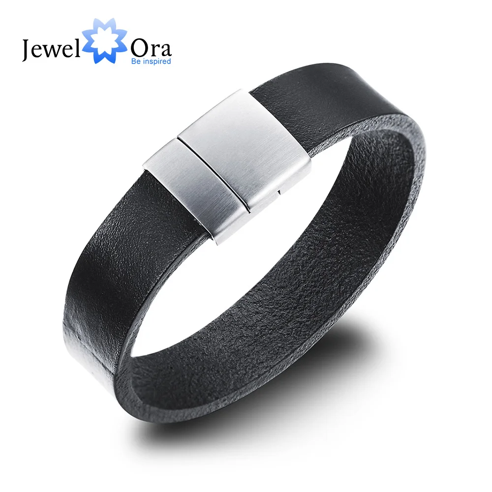 

Genuine Black Leather Fashion Men Bracelet Accessorise 210mm Stainless Steel Bracelets & Bangles Jewelry (JewelOra BA101941)