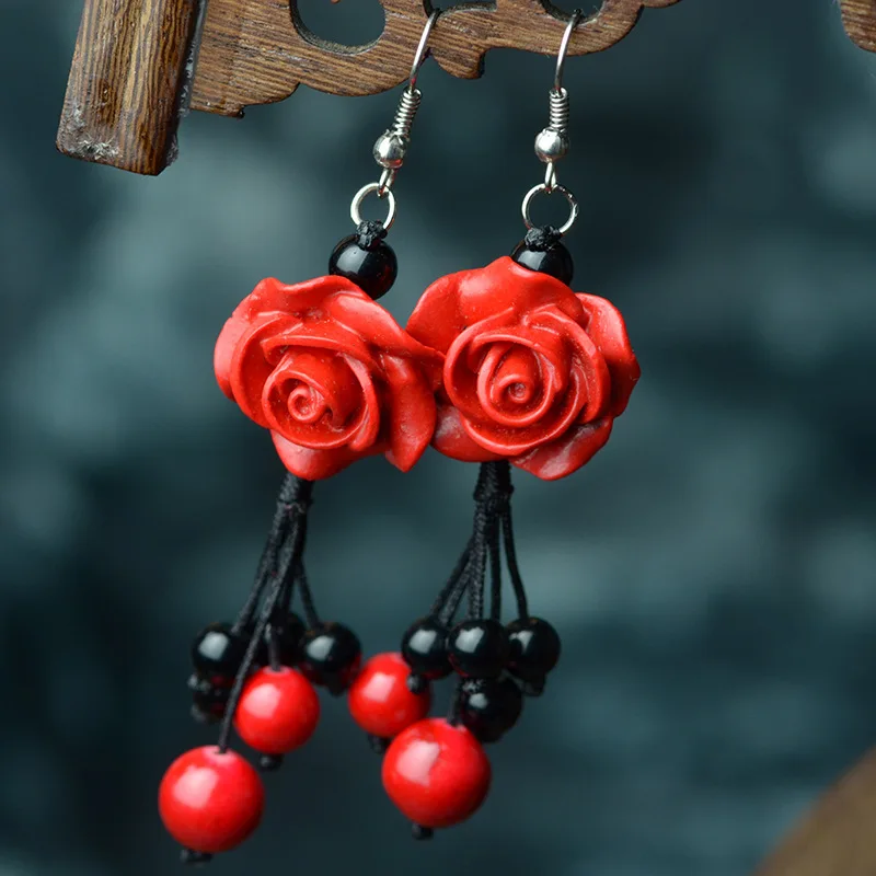 

Beautiful Original Chinese Red Carved Lacquerware Rose Flower Earrings Red Coral Black Beads Tassels Charming DIY Ethnic Jewelry
