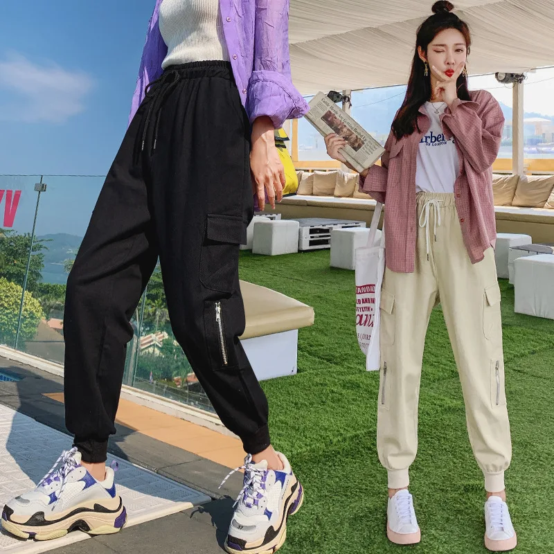 2019 корейский стиль женские весенние бойфренды стиль хип-хоп брюки карго тонкие джоггеры Брюки повседневные Свободные тренировочные брюки