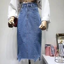 Г. новая весенняя Студенческая Юбка До Колена, набедренная юбка женская Повседневная Длинная джинсовая юбка с высокой талией