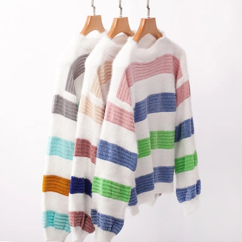 Color matching Stripe Sweaters Women Autumn Winter Pullovers Jumpers Female Knitted Loose Warm soft Sweaters Mujer Pullover