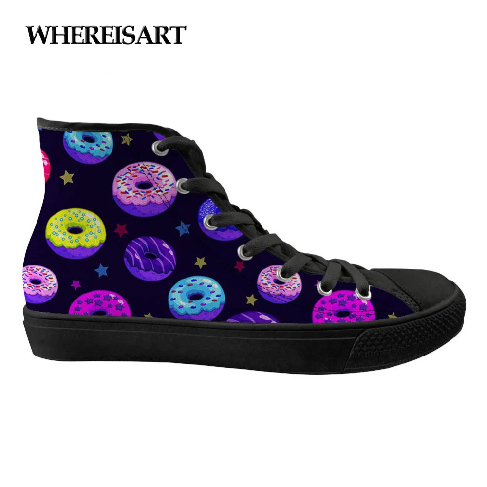 

WHEREISART Sweet Donut Printed Spring Fashion Girls High Top Flats Shoes Woman Leisure Canvas Vulcanized Lace Up Shoes Women