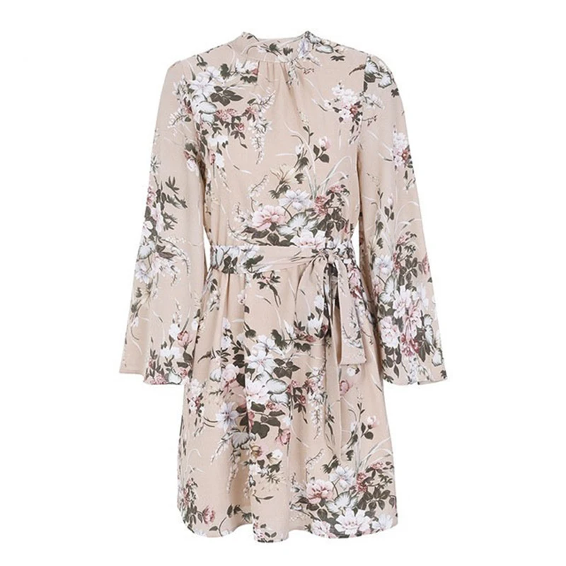 

Casual Dress Loose Boho Print Long Sleeve Backless Belt Sashes Dress A Line Beach Holiday Floral Dresses Women Vestido