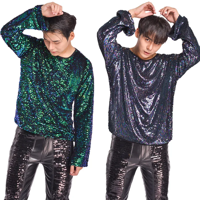 

Men Jazz Concert Pop Dance Costume Male Singer Long Sleeve Sequin T-Shirt Bar Nightclub Clothing Dj Stage Show Tops DNV10070