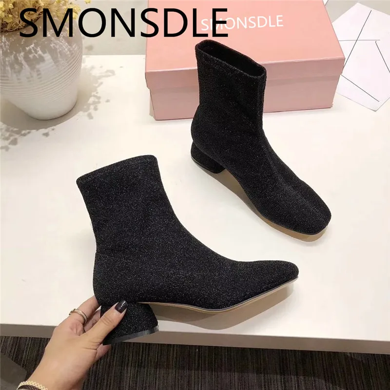 

SMONSDLE 2018 New Fashion Spring Autumn Black Women Ankle Boots Square Toe Slip On Chunky Heel Women Flat Boots Shoes Woman