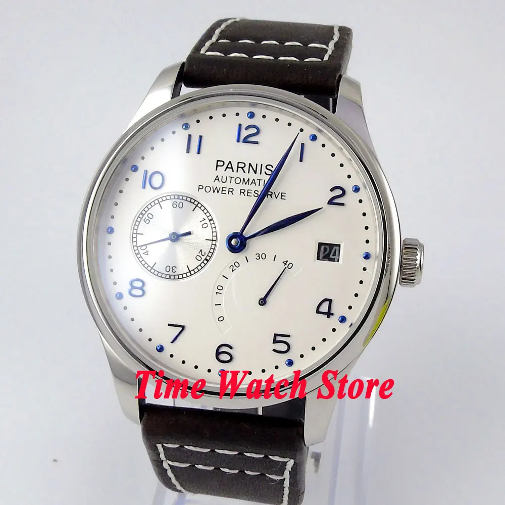 

Parnis 43mm ST 2530 Automatic men's watch Date power reserve display waterproof White dial date window cow leather strap
