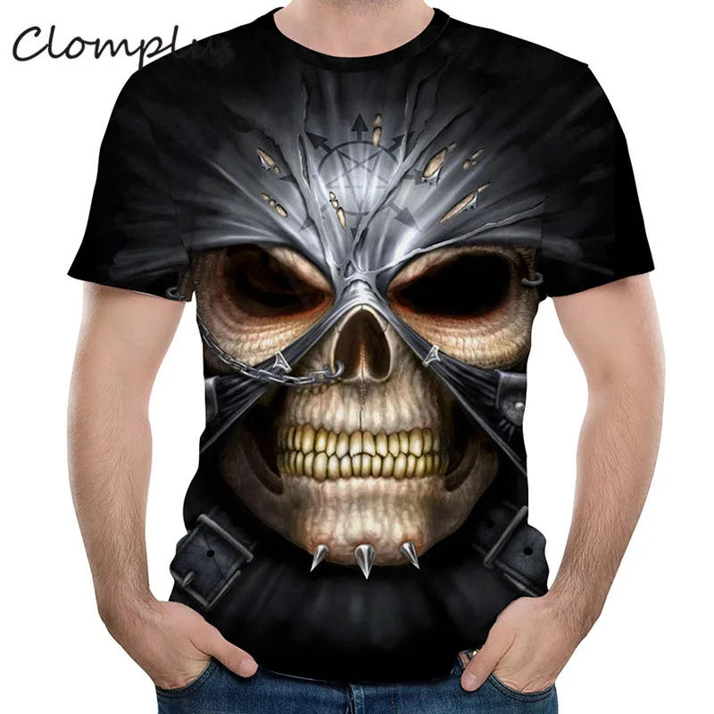 

Clomplu 3D Printing Summer Skulls T Shirt Men Fashion Black Tshirt Warrior Loose Large Size Punk Rock Style T-Shirt