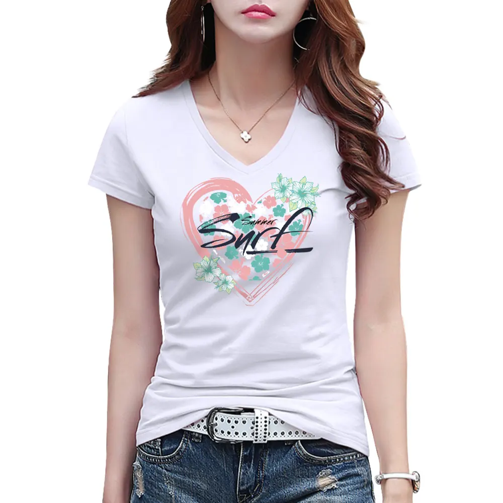 

2019 Summer Women T shirt Casual Short Sleeve Tops Tees Fashion Flower Heart Print T-Shirt O-neck Loose tshirts Plus Size S~5XL