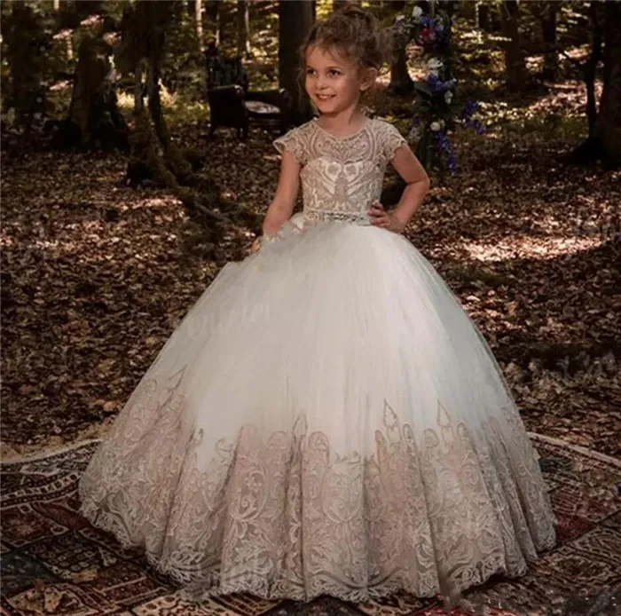 

Ball Gown Floor Length Jewel Neck Champagne Applique Kids Formal Wear Cute Flower Girl Dresses for Wedding Customized Any Size