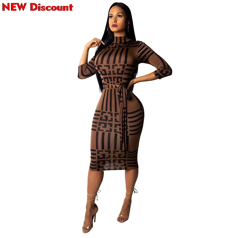 

Dress 2018 To The Knee Women Stand Neck Wrist Sleeve Striped Print Sashes Party Bodycon Midi Dress Vestidos Dress Woman