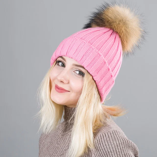Съемный меховой помпон шапка с помпоном для женщин skullies beanies теплые чулки шапка Осенняя шапка зимняя шапка женская - Цвет: Pink