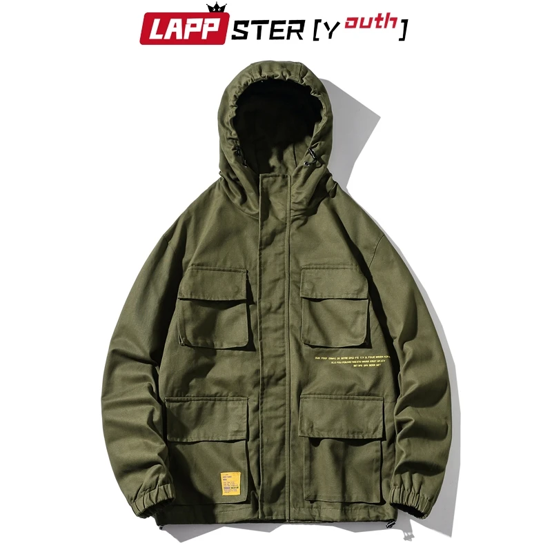 

LAPPSTER Men Army Green Hooded Cargo Jackets 2019 Streetwear Hip Hop Windbreaker Jackets And Coats Mens Autumn Cotton Coats 5XL