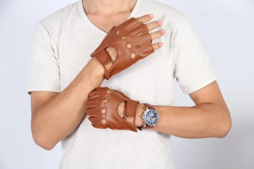 Мужские летние дышащие перчатки из натуральной кожи с полупальцами для вождения, мужские перчатки из овчины без подкладки для фитнеса HN1904251