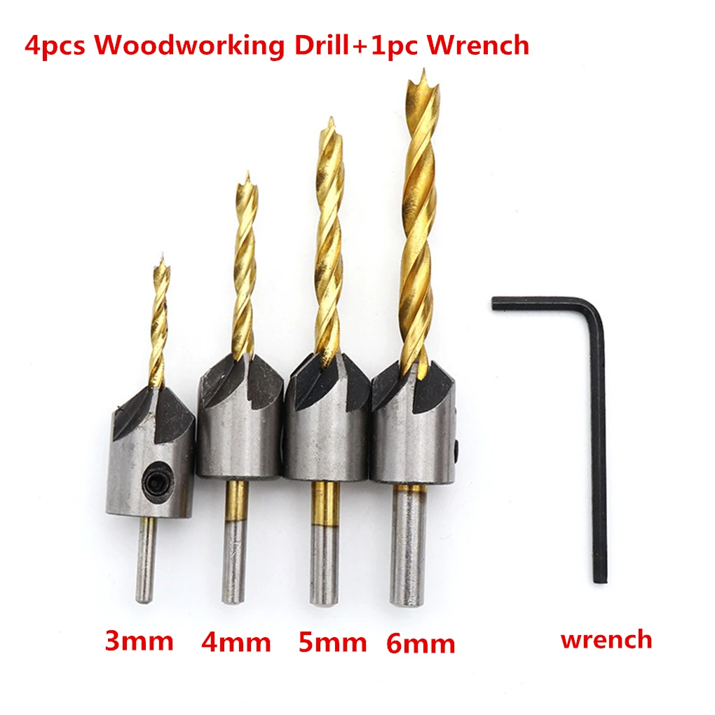 

4pcs Titanium Coated Woodworking Cone Countersunk Chamfering Hole Saw Cutter Drill Bits 3 Tips Woodworking drill3,4,5,6mm