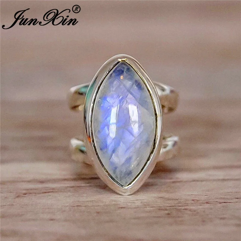 JUNXIN женское мужское кольцо с лунным камнем, заполненное серебром 925, большой камень огранки маркизы, белый опал, кольца для мужчин и женщин, складывающееся кольцо - Цвет основного камня: 01