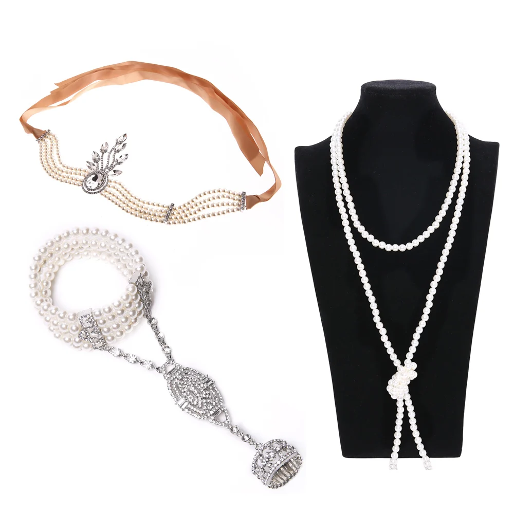 SET-12 Набор аксессуаров для женщин 1920 s, повязка на голову, ожерелье, браслет, комплект из 3 предметов - Цвет: SET-12