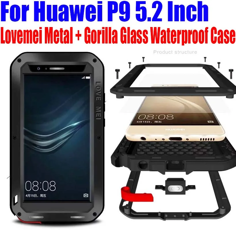 bilder für Für Huawei P9 5,2 Zoll Ursprüngliche Lovemei Aluminium Metall + Gorilla Glass Shock Tropfen Wasserdicht fall für Huawei P9 HP91 bilder für Für Huawei P9 5,2 Zoll Ursprüngliche Lovemei Aluminium Metall + Gorilla Glass Shock Tropfen Wasserdicht fall für Huawei P9 HP91