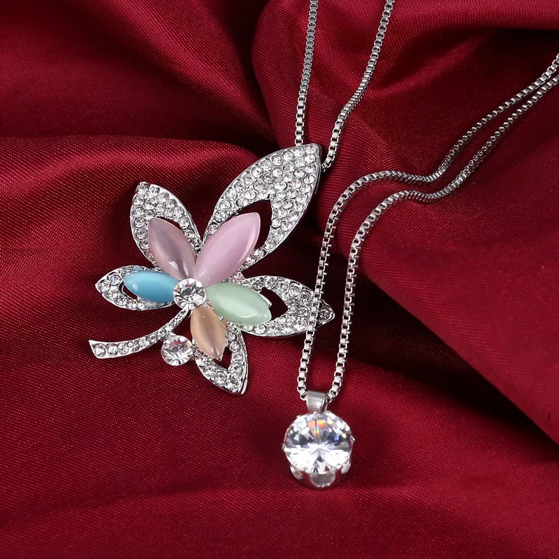 

Fashion Natural Cat Eye Stone CZ Multilayer Necklaces Leaves Pendants Long Statement Silver Necklaces & Pendants Women Jewelry