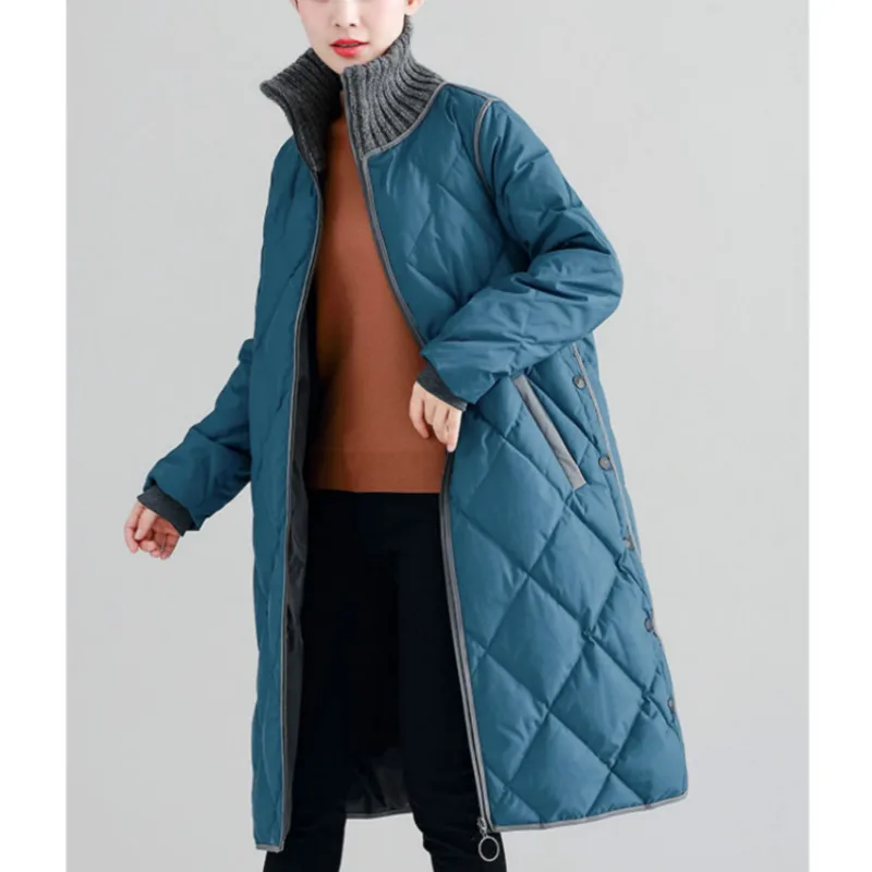 Размер M~ 3XL новые женские пуховые пальто размера плюс длинная парка куртки с пуговицами зимняя трикотажная женская верхняя одежда с воротником зимняя одежда - Цвет: Синий
