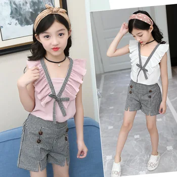 

Kids Clothes Girls Summer New Big Children Korean Version of The Cute Bow Ruffled Sleeves Chiffon Plaid Shorts Small Fresh Suit