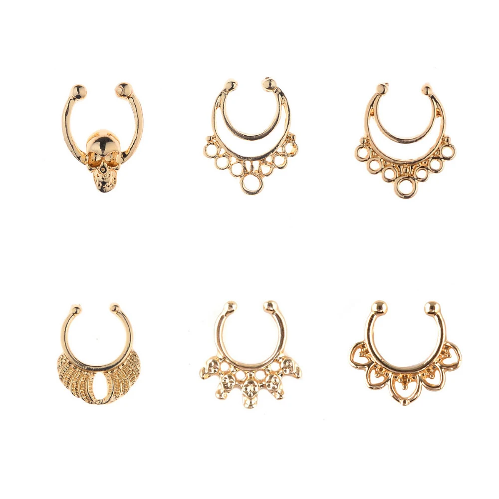 

6 Styles Nose Septum Ring Fake Piercing Nose Rings Stud No Rusty Zinc Alloy Punk Hiphop Women Nose Hoop Body Nose Stud Jewelry