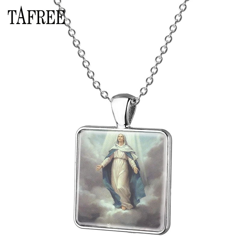 

TAFREE New Arrival The Feast Of The Assumption Square Pendant Necklace Unique Design Glass Cabochon Elegant Ornaments AS23