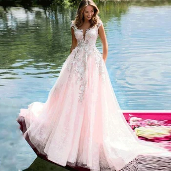 

Amazing Lace Tulle Jewel A-line Wedding Dresses with Beading Illusion Back Applique Pink Bridal Dress vestido de novia