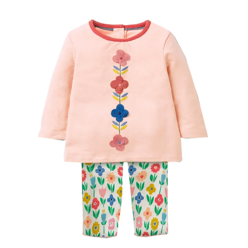 

Jumping meters Brand 2019 Autumn Spring Baby Girls Flower Embroidery Printing Long sleeve dress clothes set For Kids clothing