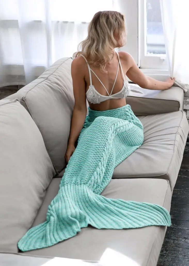 Billig Neue Mode Meerjungfrau Schwanz Sofa Decke Super Weiche Warme Hand Gehäkelte Stricken Decke