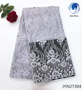 

BEAUTIFICAL White african lace fabrics for dress New arrival nigerian style net lace with beads tulle lace fabrics 5yards JYN273