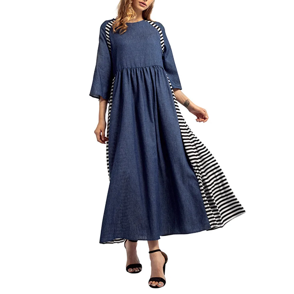 

CHAMSGEND Women Striped Denim Long Dress Islamic Muslim Middle East Maxi Robe Dresses abayas for women hijab dress C30118
