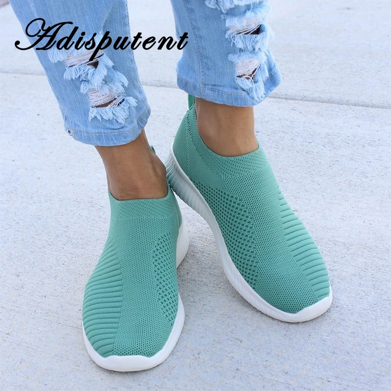 

Adisputent Fashion Sneakers Women Knitted Vulcanized Flat Shoes Slip On Sock Air Sneakers Flat Casual Breathable Mesh Sneakers