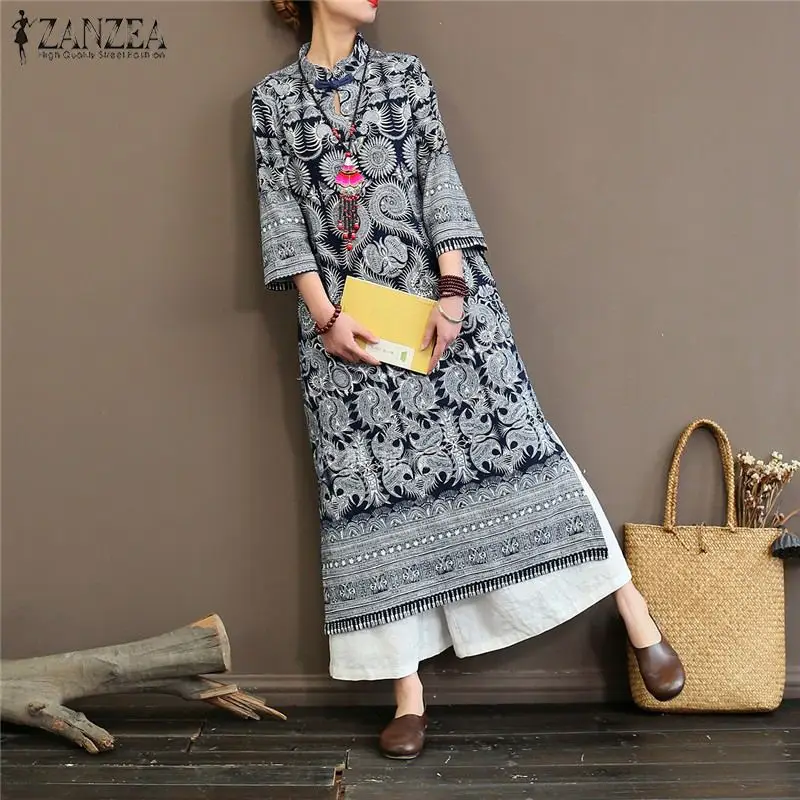 

ZANZEA Women Vintage Floral Print Dress Autumn Stand Collar 3/4 Sleeve Sundress Chinese Cheongsam Robe Femme Linen Vestido Tunic