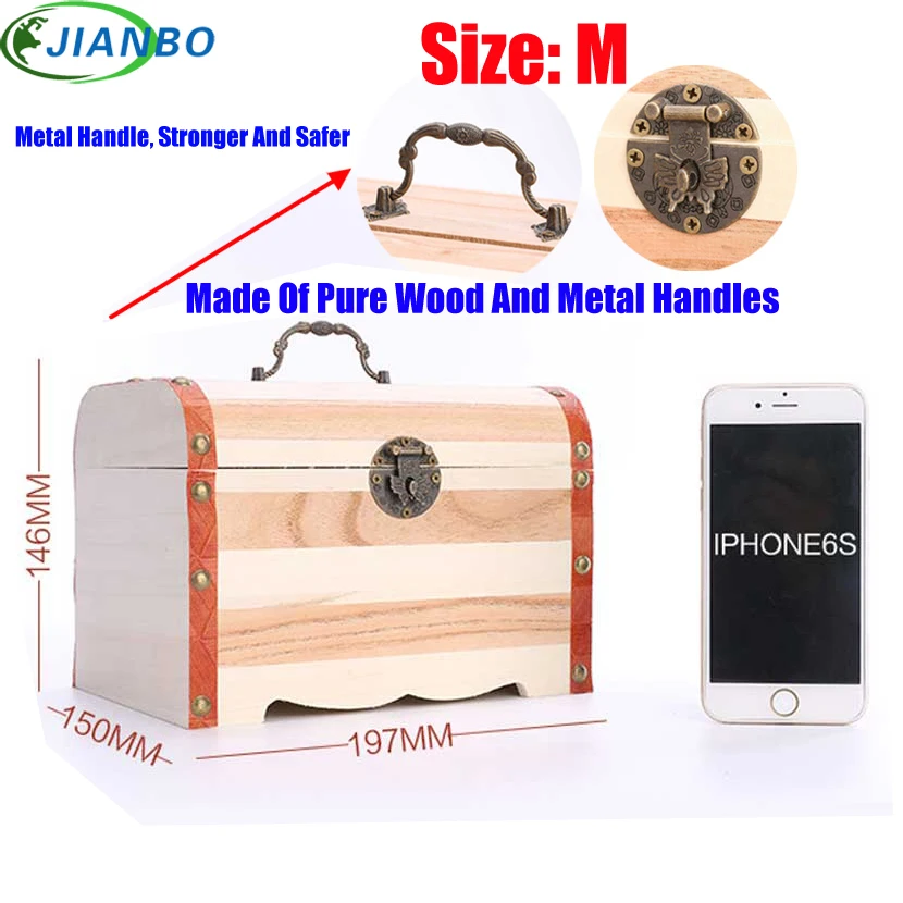 New 1PC Retro Wooden Piggy Bank Safe Metal Lock Money Saving Case Natural Wood Line Handmade Money Storage key Box Drop Shipping