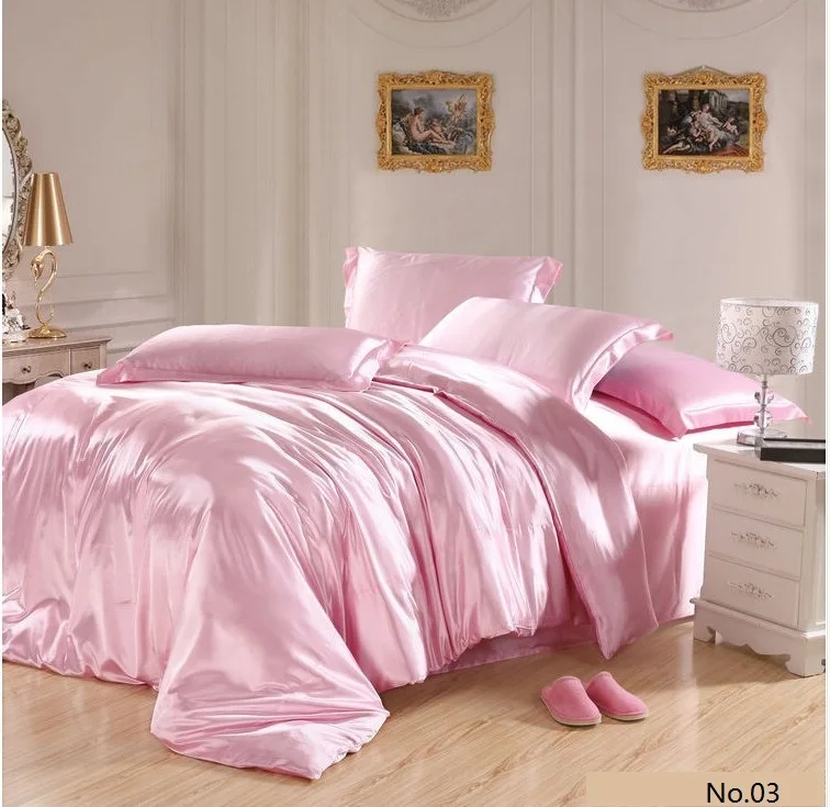 7pcs Pink Silk satin bedding sets California king queen size quilt