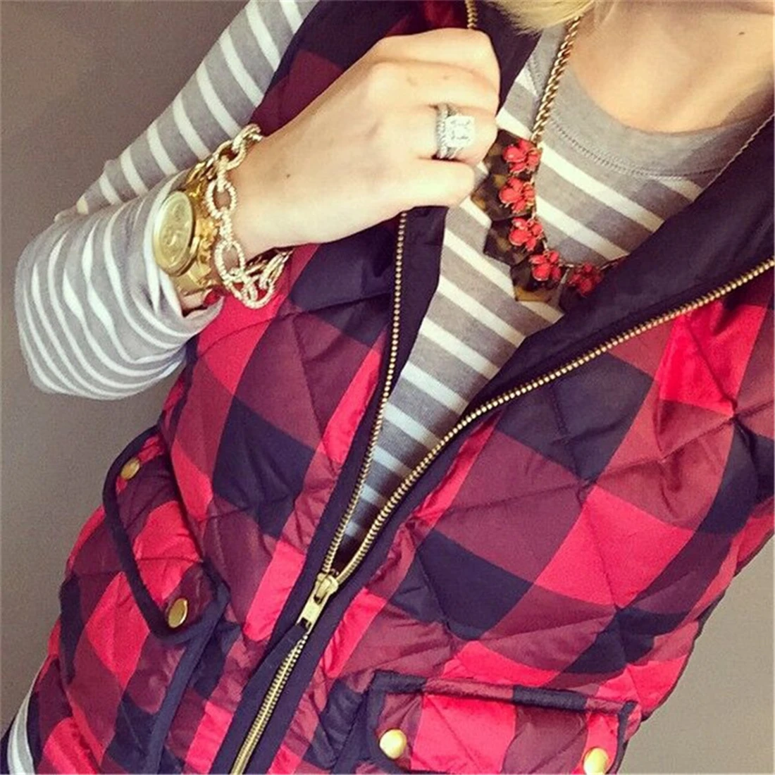 Beste Herfst Winter Vrouwen Kleding Sexy Rood Zwart Plaid Print Rits Vest Vrouwelijke Warme Mouwloos Katoenen Jassen Jassen Zakken Uitloper